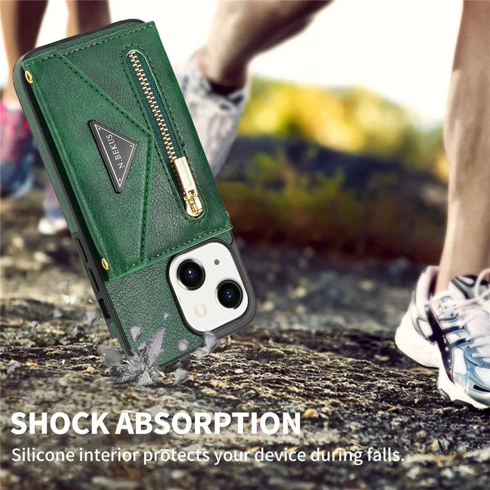 N.BEKUS Anti-scratch Phone Case for iPhone 14 Plus 6.7 inch, PU Leather Coated TPU Back Cover Card Holder Kickstand with Strap - Green - 7