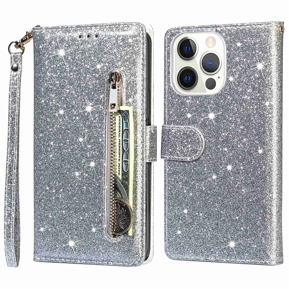 For iPhone 14 Pro Max 6.7 inch Glitter Sequins PU Leather + TPU Full Protection Stand Wallet Case with Zipper Pocket and Hand Strap - Silver - 1