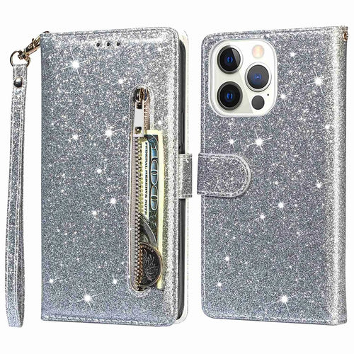 For iPhone 14 Pro Max 6.7 inch Glitter Sequins PU Leather + TPU Full Protection Stand Wallet Case with Zipper Pocket and Hand Strap - Silver - 1