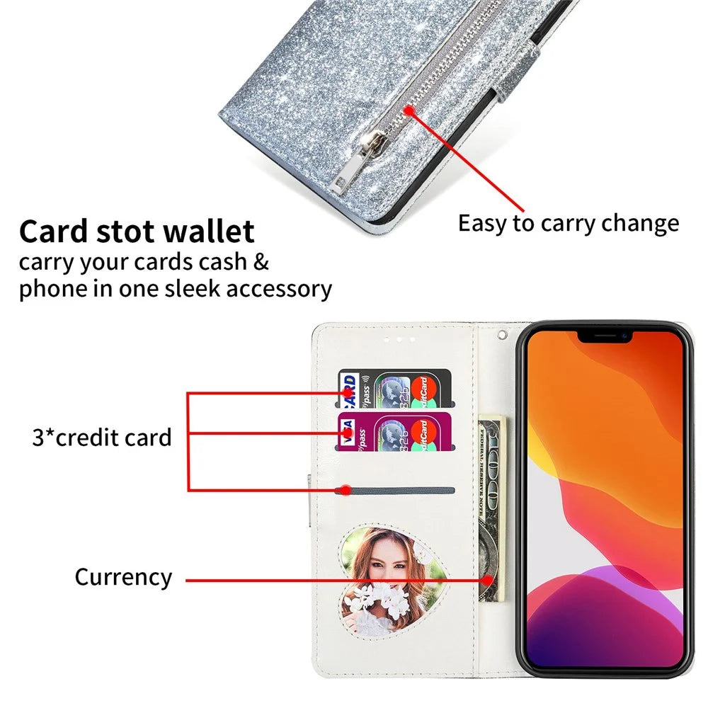 For iPhone 14 Pro Max 6.7 inch Glitter Sequins PU Leather + TPU Full Protection Stand Wallet Case with Zipper Pocket and Hand Strap - Silver - 4