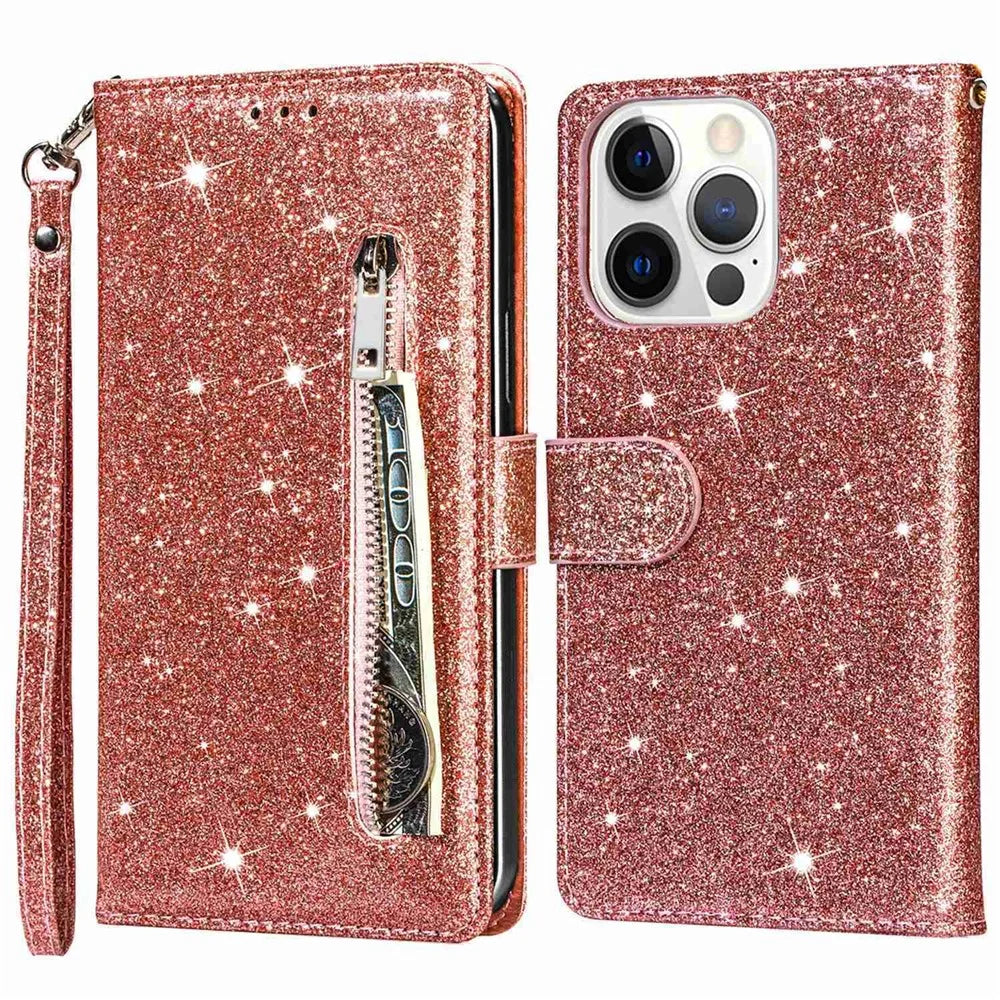 For iPhone 14 Pro 6.1 inch  Full Protection Glitter Powder PU Leather Wallet Stand Zipper Pocket Phone Case Covering Shell - Rose Gold - 1