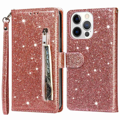 For iPhone 14 Pro 6.1 inch  Full Protection Glitter Powder PU Leather Wallet Stand Zipper Pocket Phone Case Covering Shell - Rose Gold - 1