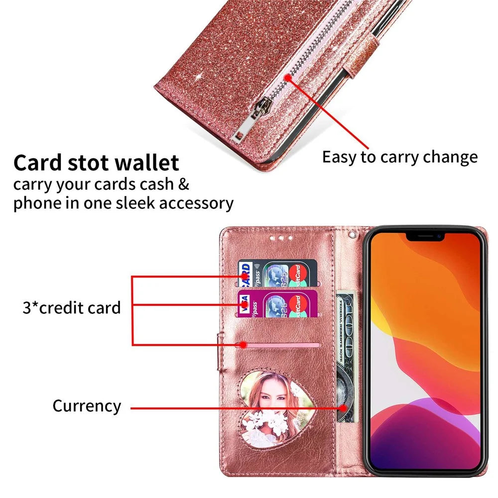 For iPhone 14 Pro 6.1 inch  Full Protection Glitter Powder PU Leather Wallet Stand Zipper Pocket Phone Case Covering Shell - Rose Gold - 4