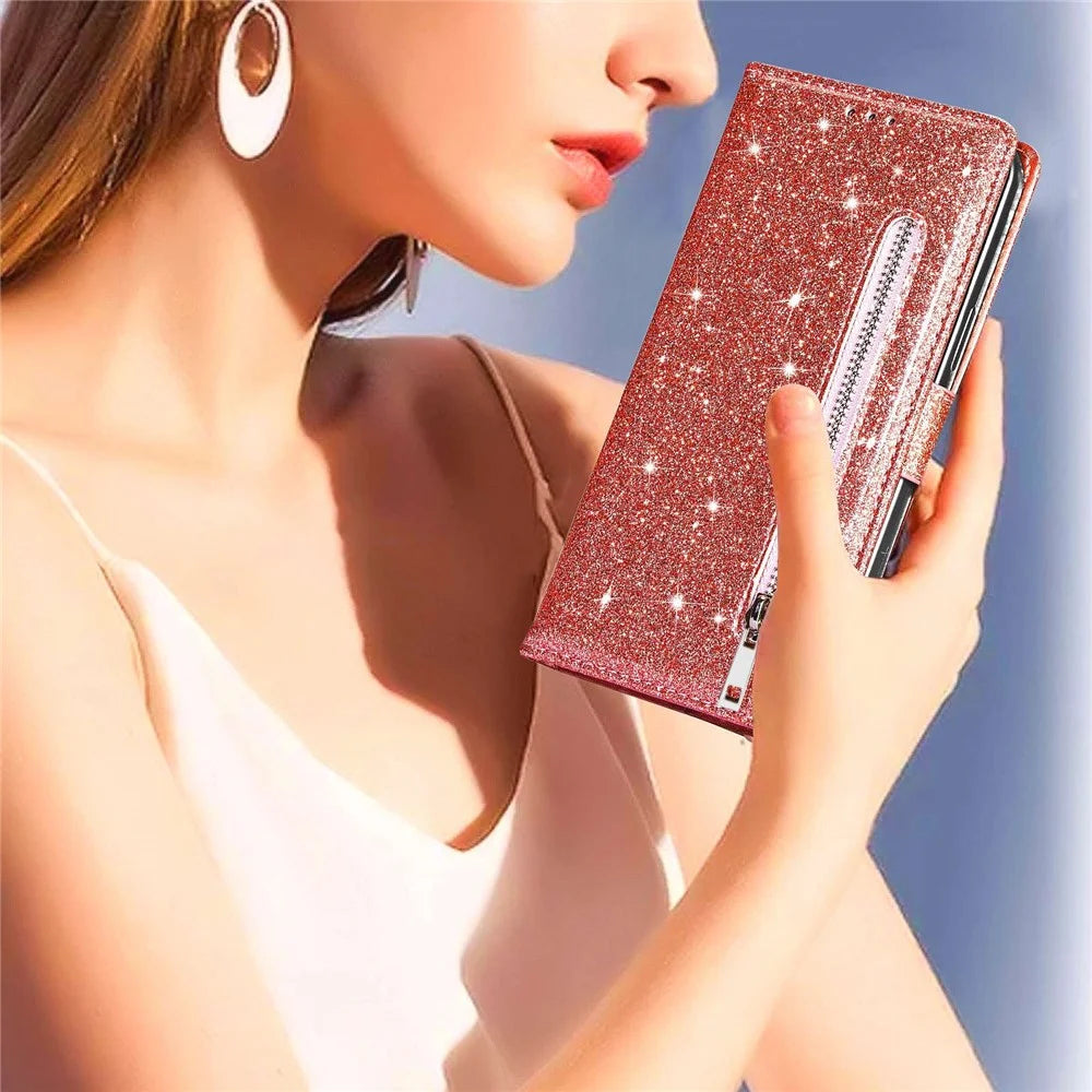 For iPhone 14 Pro 6.1 inch  Full Protection Glitter Powder PU Leather Wallet Stand Zipper Pocket Phone Case Covering Shell - Rose Gold - 5