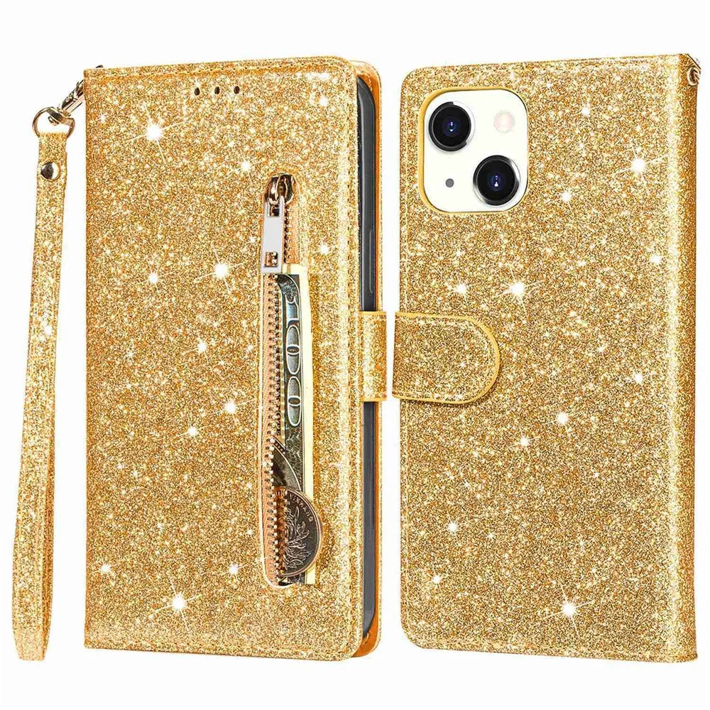 For iPhone 14 Plus 6.7 inch Anti-fingerprint PU Leather Glitter Powder Design Wallet Phone Case Zipper Pocket Phone Stand Cover Pouch - Gold - 1