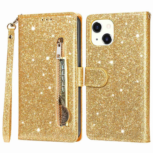 For iPhone 14 Plus 6.7 inch Anti-fingerprint PU Leather Glitter Powder Design Wallet Phone Case Zipper Pocket Phone Stand Cover Pouch - Gold - 1