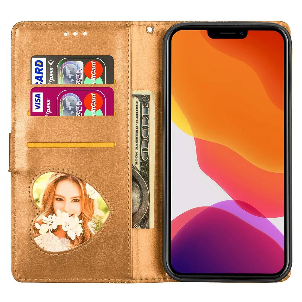 For iPhone 14 Plus 6.7 inch Anti-fingerprint PU Leather Glitter Powder Design Wallet Phone Case Zipper Pocket Phone Stand Cover Pouch - Gold - 2