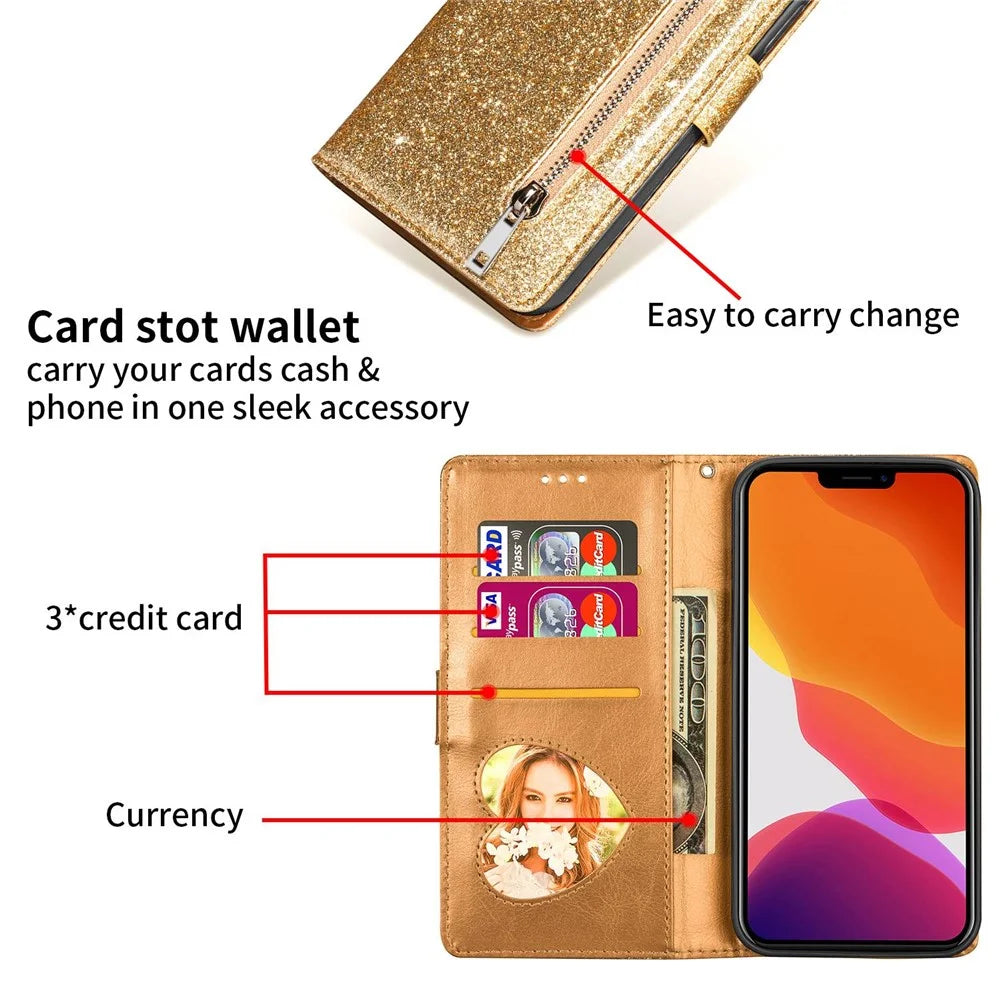For iPhone 14 Plus 6.7 inch Anti-fingerprint PU Leather Glitter Powder Design Wallet Phone Case Zipper Pocket Phone Stand Cover Pouch - Gold - 4