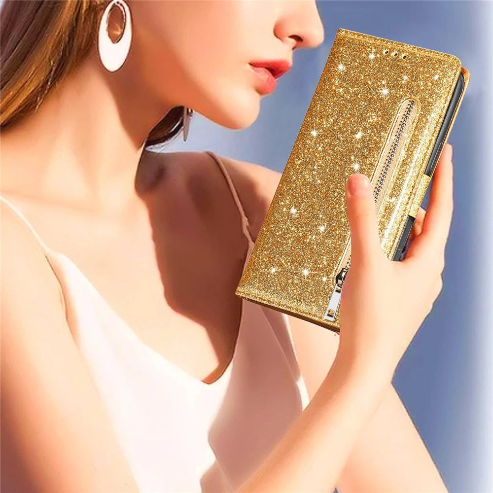 For iPhone 14 Plus 6.7 inch Anti-fingerprint PU Leather Glitter Powder Design Wallet Phone Case Zipper Pocket Phone Stand Cover Pouch - Gold - 5