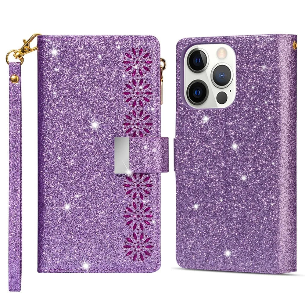 For iPhone 14 Pro Max 6.7 inch Flip Cover, Fall Proof Laser Carving Glittery Starry Style Zipper Wallet Stand Leather Phone Case with Strap - Purple - 1