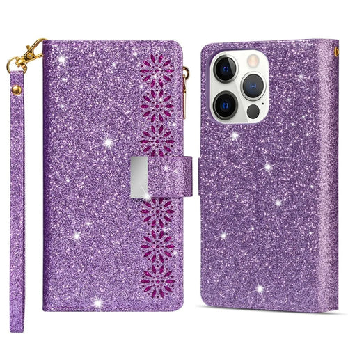 For iPhone 14 Pro Max 6.7 inch Flip Cover, Fall Proof Laser Carving Glittery Starry Style Zipper Wallet Stand Leather Phone Case with Strap - Purple - 1