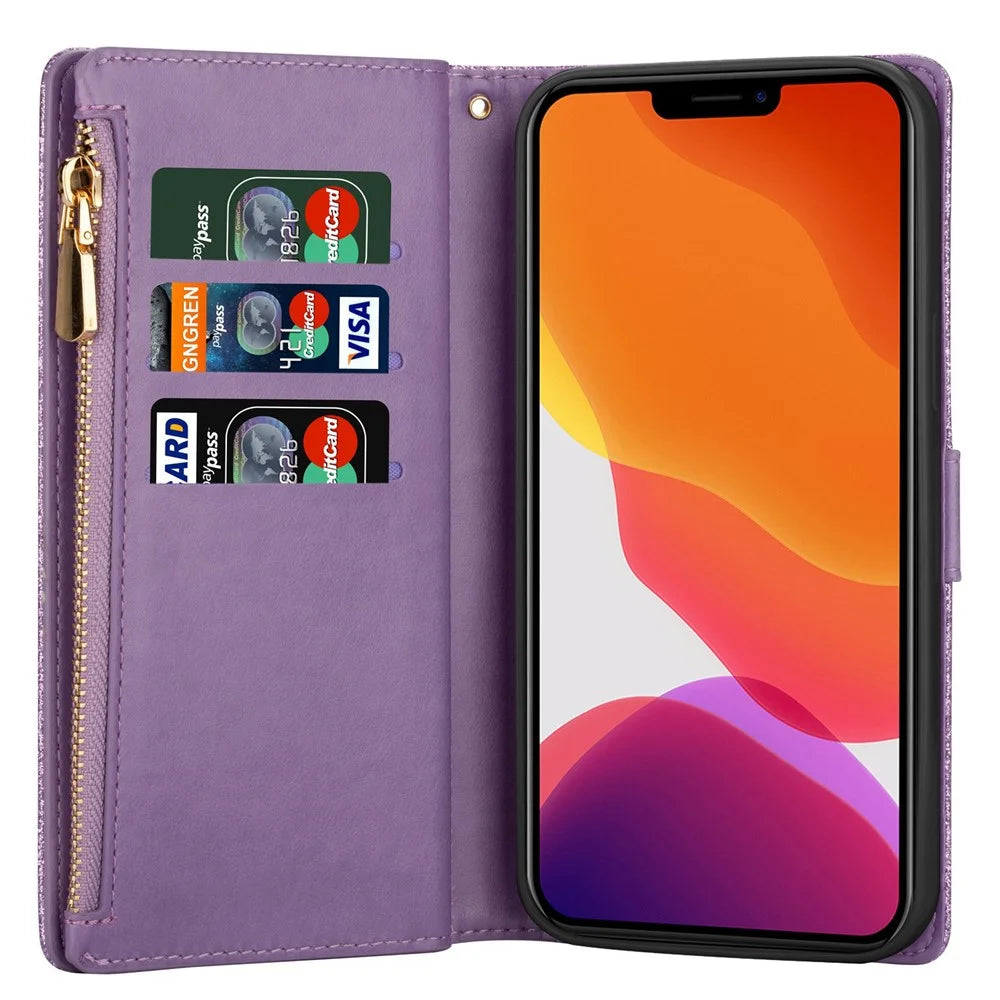 For iPhone 14 Pro Max 6.7 inch Flip Cover, Fall Proof Laser Carving Glittery Starry Style Zipper Wallet Stand Leather Phone Case with Strap - Purple - 2