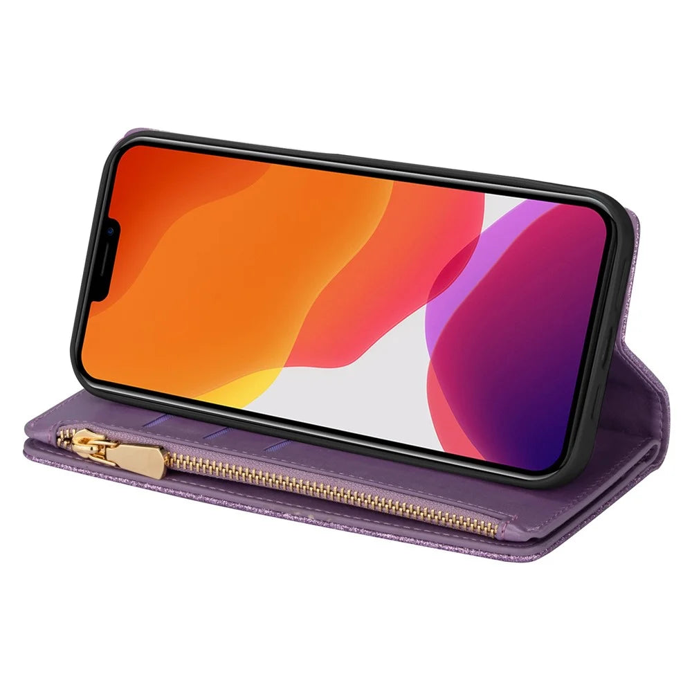 For iPhone 14 Pro Max 6.7 inch Flip Cover, Fall Proof Laser Carving Glittery Starry Style Zipper Wallet Stand Leather Phone Case with Strap - Purple - 3