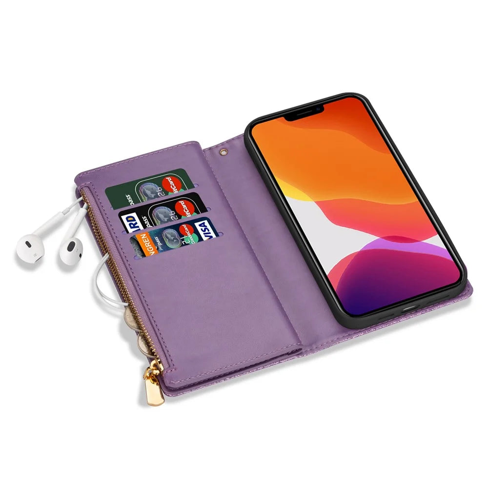 For iPhone 14 Pro Max 6.7 inch Flip Cover, Fall Proof Laser Carving Glittery Starry Style Zipper Wallet Stand Leather Phone Case with Strap - Purple - 4