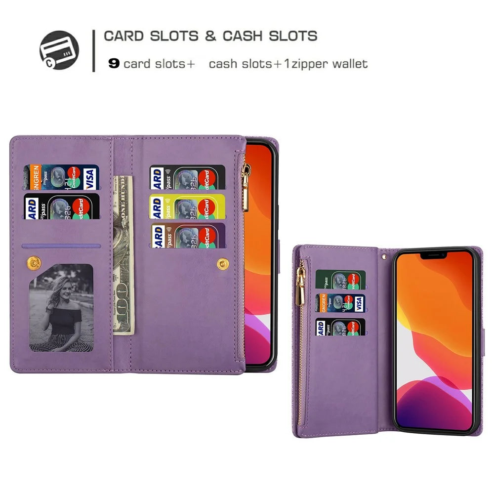 For iPhone 14 Pro Max 6.7 inch Flip Cover, Fall Proof Laser Carving Glittery Starry Style Zipper Wallet Stand Leather Phone Case with Strap - Purple - 6