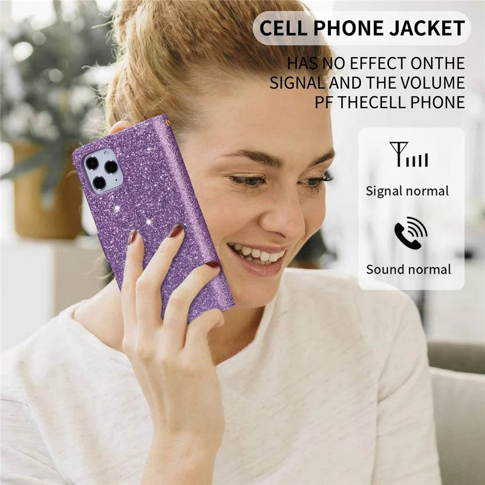 For iPhone 14 Pro Max 6.7 inch Flip Cover, Fall Proof Laser Carving Glittery Starry Style Zipper Wallet Stand Leather Phone Case with Strap - Purple - 7