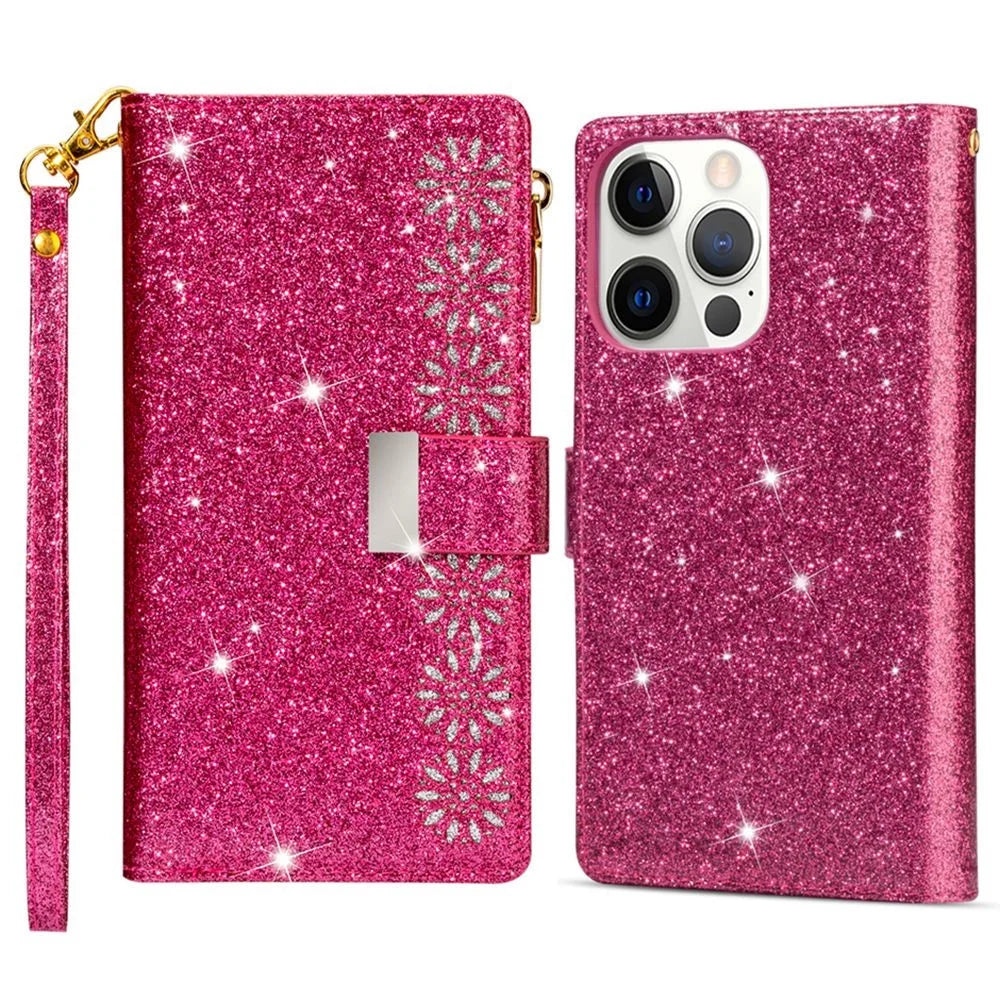 For iPhone 14 Plus 6.7 inch Flip Cover, Laser Carving Glittery Starry Style Zipper Wallet Stand Leather Phone Case with Strap - Rose - 1