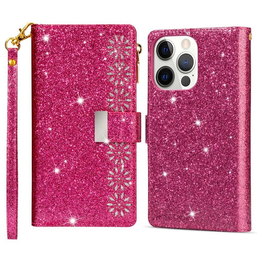 For iPhone 14 Plus 6.7 inch Flip Cover, Laser Carving Glittery Starry Style Zipper Wallet Stand Leather Phone Case with Strap - Rose - 1