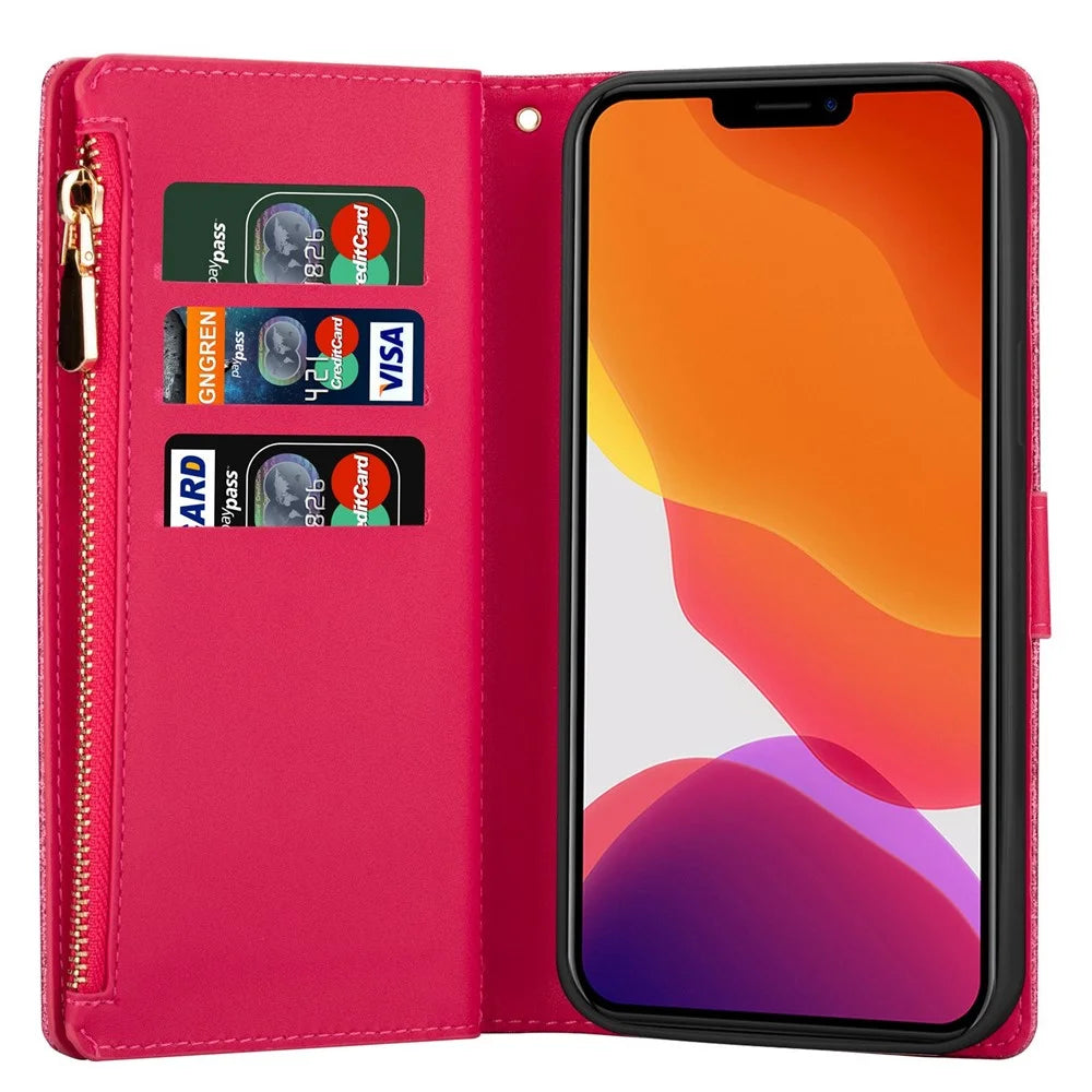 For iPhone 14 Plus 6.7 inch Flip Cover, Laser Carving Glittery Starry Style Zipper Wallet Stand Leather Phone Case with Strap - Rose - 2