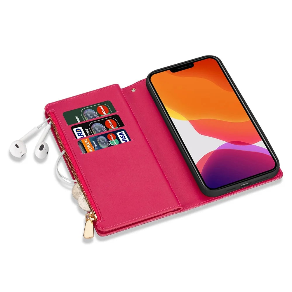 For iPhone 14 Plus 6.7 inch Flip Cover, Laser Carving Glittery Starry Style Zipper Wallet Stand Leather Phone Case with Strap - Rose - 4