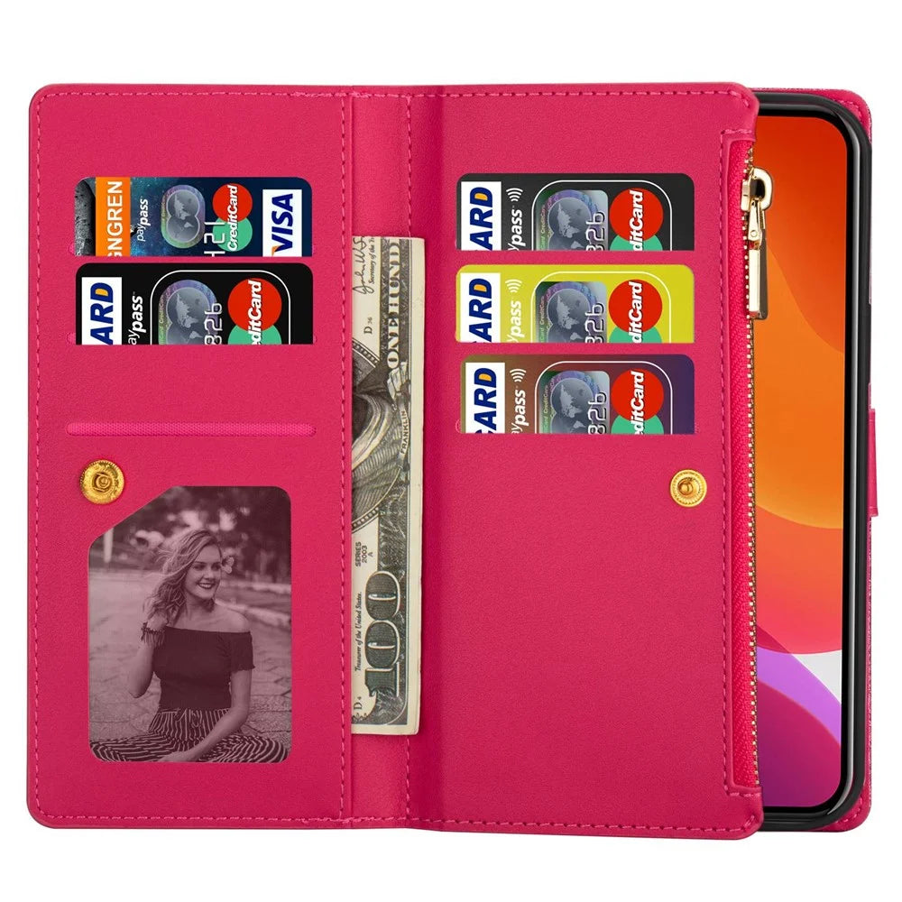 For iPhone 14 Plus 6.7 inch Flip Cover, Laser Carving Glittery Starry Style Zipper Wallet Stand Leather Phone Case with Strap - Rose - 5