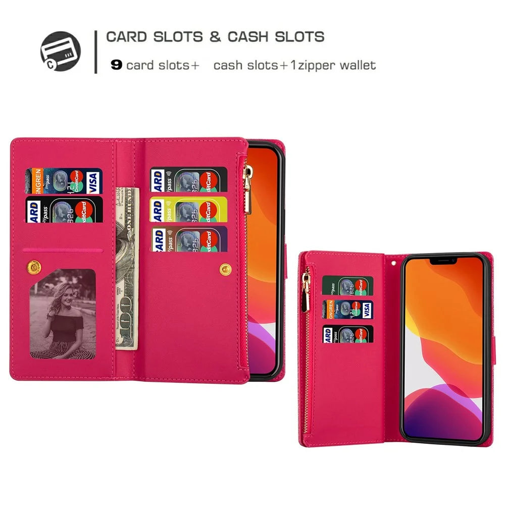 For iPhone 14 Plus 6.7 inch Flip Cover, Laser Carving Glittery Starry Style Zipper Wallet Stand Leather Phone Case with Strap - Rose - 6