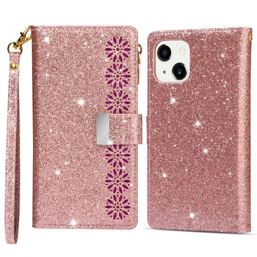 For iPhone 14 Pro 6.1 inch Flip Cover, Laser Carving Glittery Starry Style Zipper Wallet Stand Scratch Proof Leather Phone Case with Strap - Rose Gold - 1