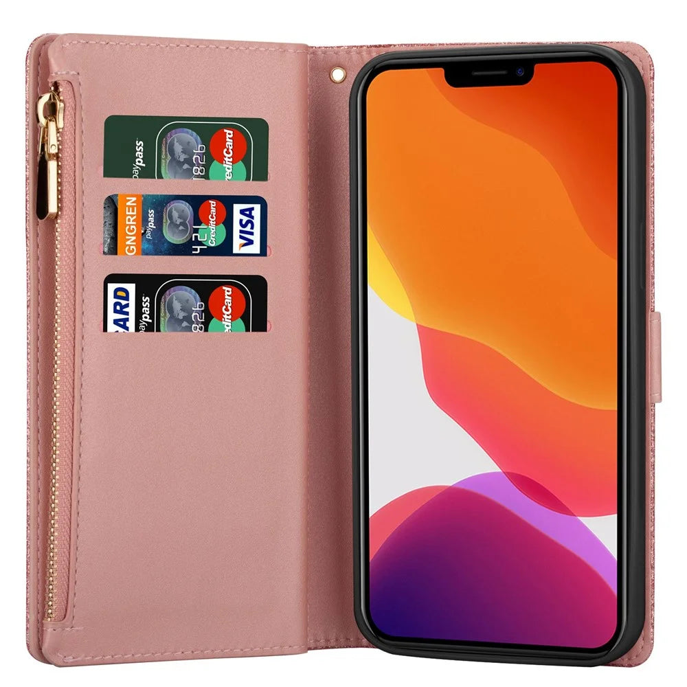 For iPhone 14 Pro 6.1 inch Flip Cover, Laser Carving Glittery Starry Style Zipper Wallet Stand Scratch Proof Leather Phone Case with Strap - Rose Gold - 2