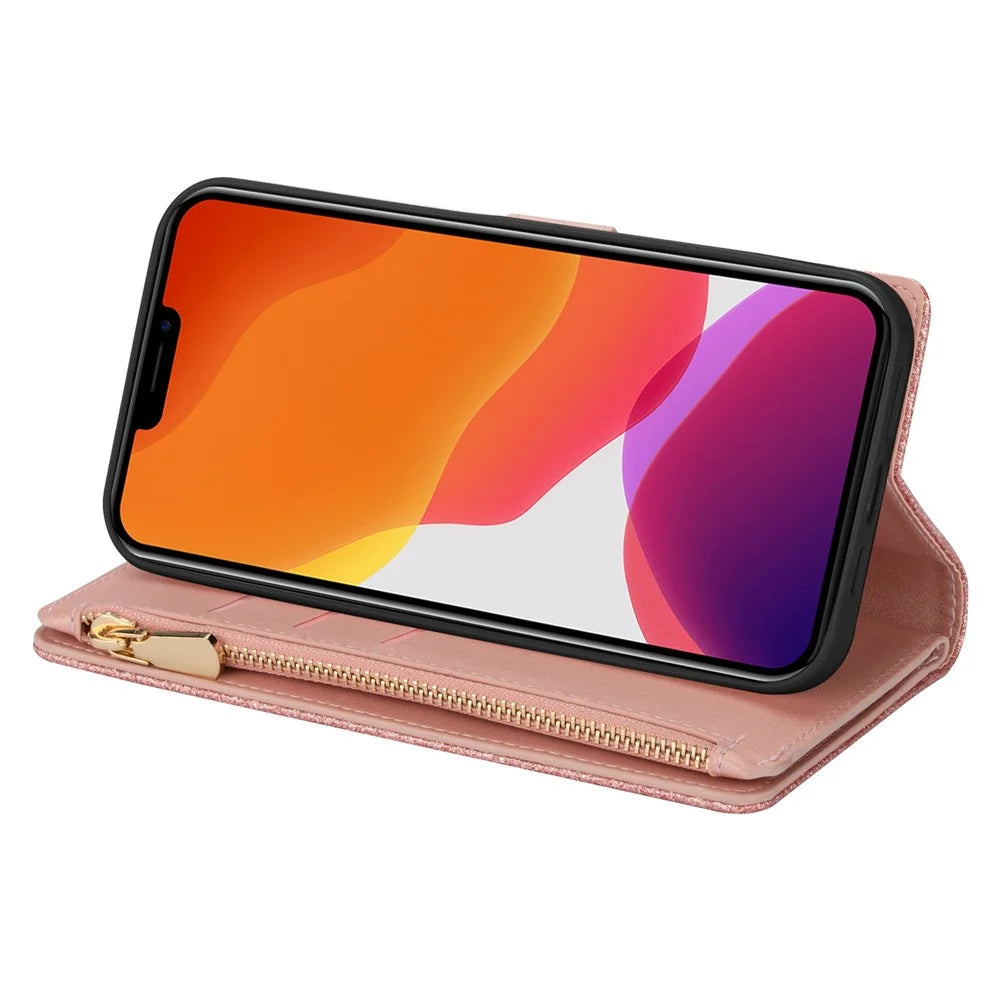 For iPhone 14 Pro 6.1 inch Flip Cover, Laser Carving Glittery Starry Style Zipper Wallet Stand Scratch Proof Leather Phone Case with Strap - Rose Gold - 3