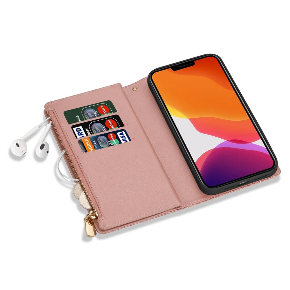 For iPhone 14 Pro 6.1 inch Flip Cover, Laser Carving Glittery Starry Style Zipper Wallet Stand Scratch Proof Leather Phone Case with Strap - Rose Gold - 4