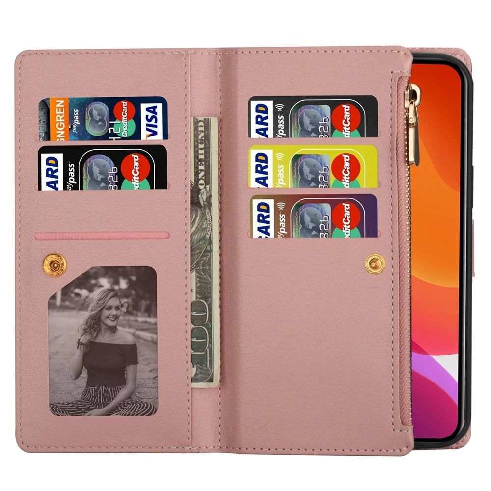 For iPhone 14 Pro 6.1 inch Flip Cover, Laser Carving Glittery Starry Style Zipper Wallet Stand Scratch Proof Leather Phone Case with Strap - Rose Gold - 5