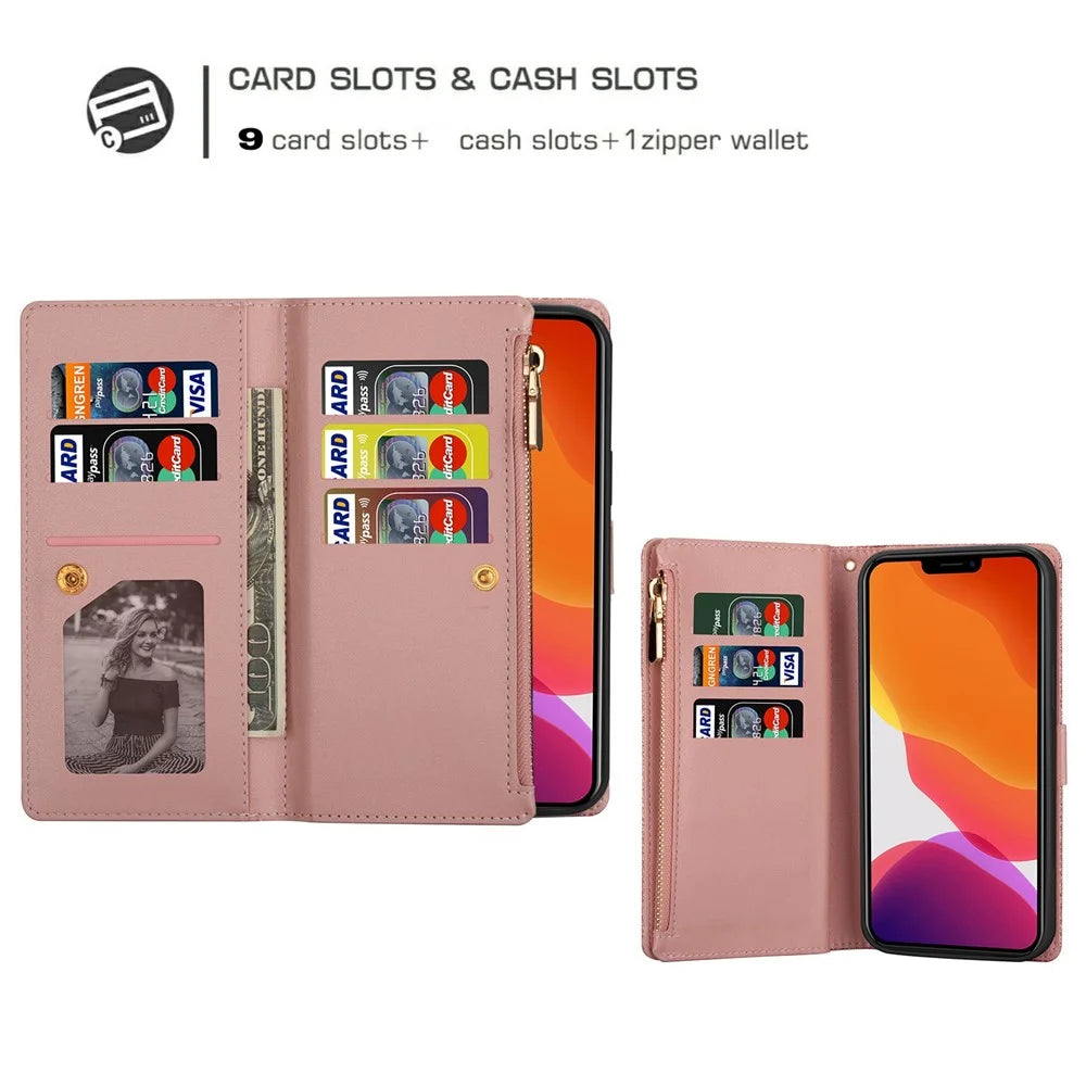 For iPhone 14 Pro 6.1 inch Flip Cover, Laser Carving Glittery Starry Style Zipper Wallet Stand Scratch Proof Leather Phone Case with Strap - Rose Gold - 6
