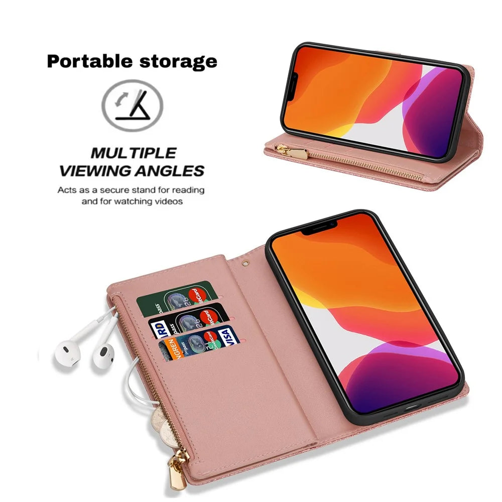 For iPhone 14 Pro 6.1 inch Flip Cover, Laser Carving Glittery Starry Style Zipper Wallet Stand Scratch Proof Leather Phone Case with Strap - Rose Gold - 7