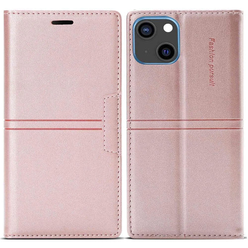 For iPhone 14 6.1 inch PU Leather Wear-resistant Anti-fall Wallet Style Case Magnetic Auto-absorbed Phone Shell with Stand - Rose Gold - 1