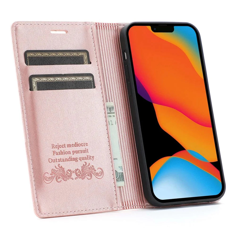 For iPhone 14 6.1 inch PU Leather Wear-resistant Anti-fall Wallet Style Case Magnetic Auto-absorbed Phone Shell with Stand - Rose Gold - 2