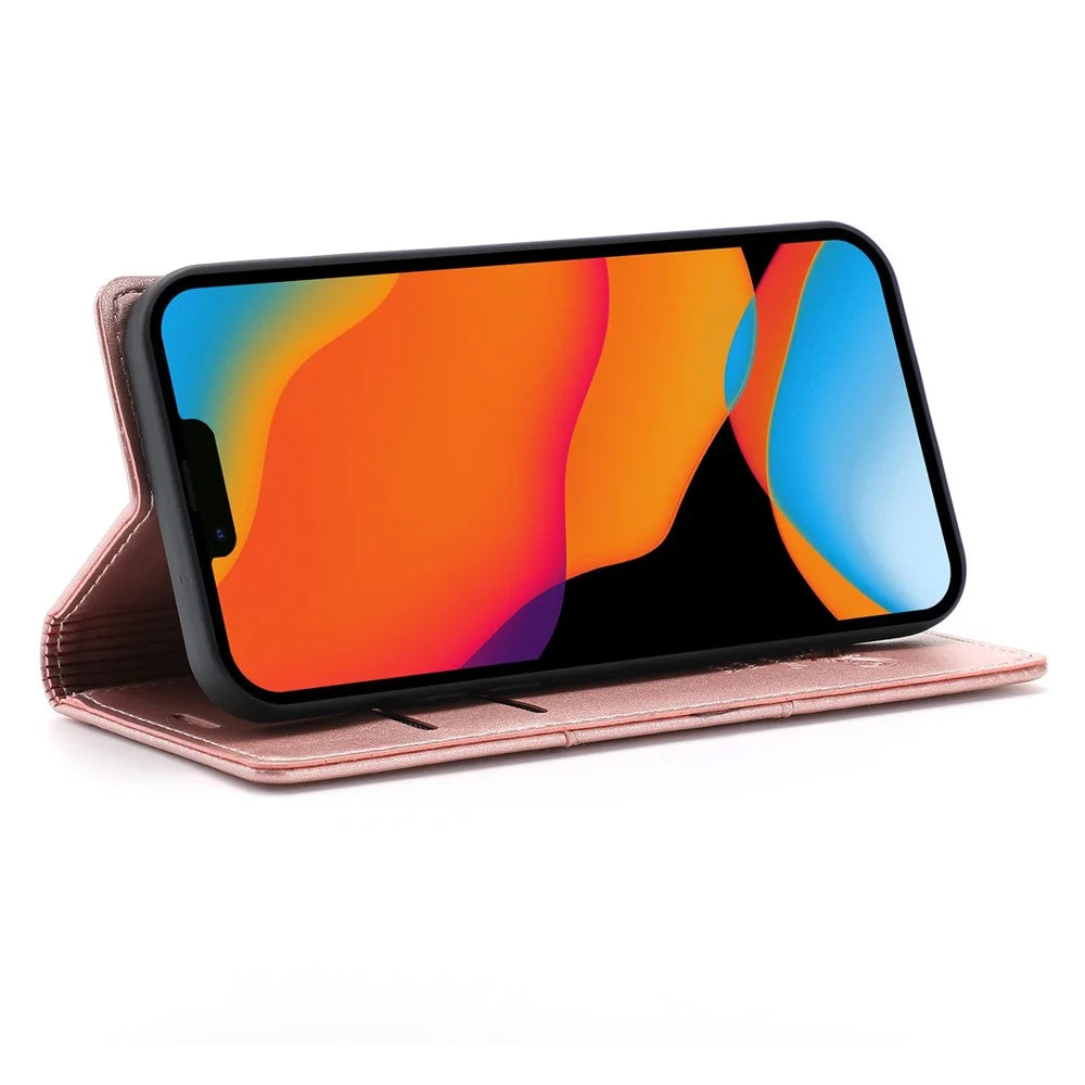 For iPhone 14 6.1 inch PU Leather Wear-resistant Anti-fall Wallet Style Case Magnetic Auto-absorbed Phone Shell with Stand - Rose Gold - 3