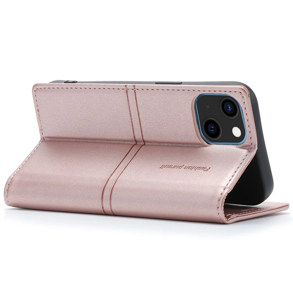 For iPhone 14 6.1 inch PU Leather Wear-resistant Anti-fall Wallet Style Case Magnetic Auto-absorbed Phone Shell with Stand - Rose Gold - 4