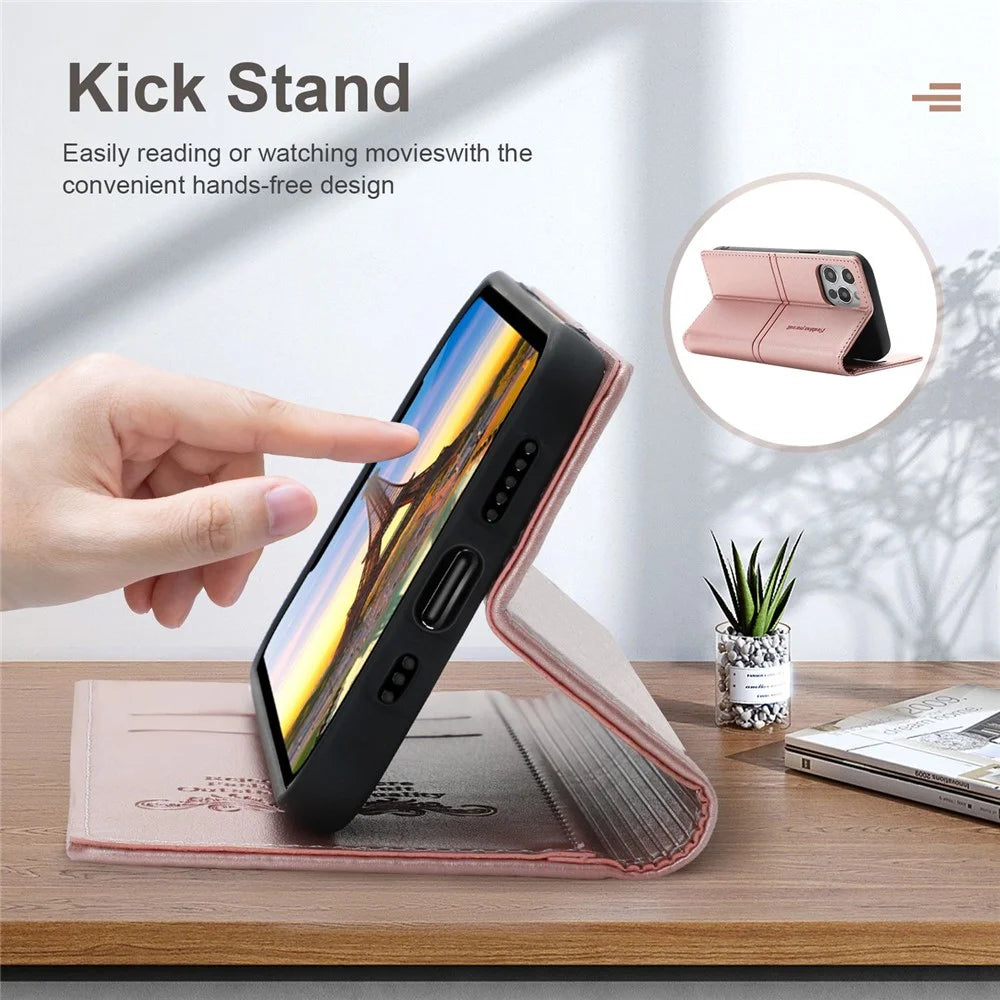 For iPhone 14 6.1 inch PU Leather Wear-resistant Anti-fall Wallet Style Case Magnetic Auto-absorbed Phone Shell with Stand - Rose Gold - 5