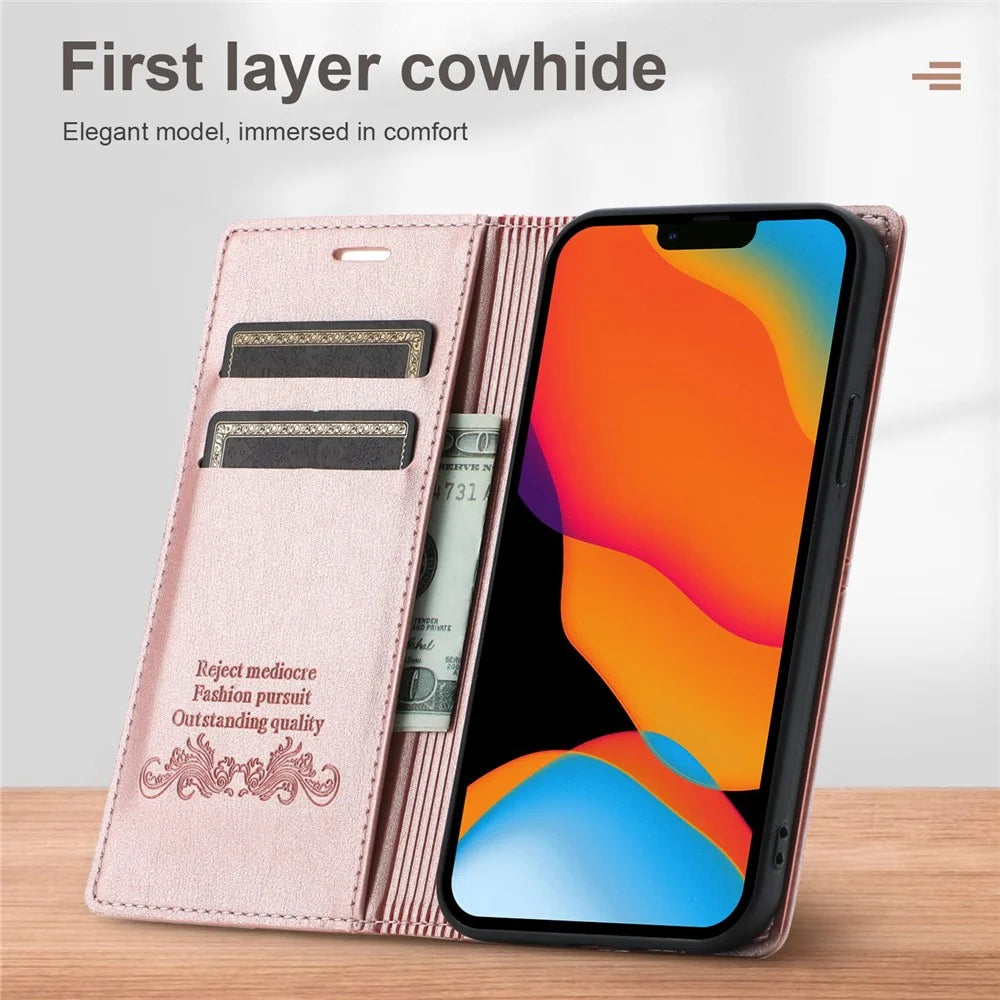 For iPhone 14 6.1 inch PU Leather Wear-resistant Anti-fall Wallet Style Case Magnetic Auto-absorbed Phone Shell with Stand - Rose Gold - 6