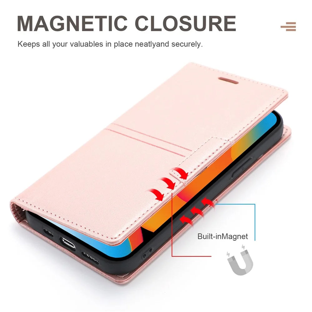 For iPhone 14 6.1 inch PU Leather Wear-resistant Anti-fall Wallet Style Case Magnetic Auto-absorbed Phone Shell with Stand - Rose Gold - 7