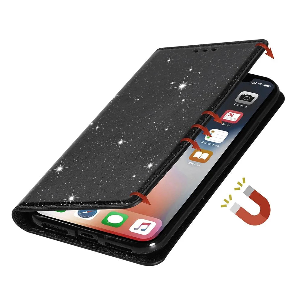 For iPhone 14 6.1 inch Glitter Sequins Stand Card Holder PU Leather Shockproof Protective Phone Case Cover - Black - 5
