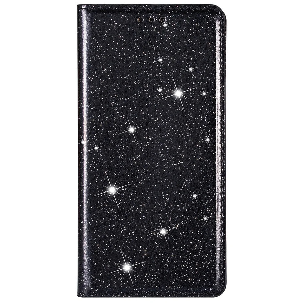 For iPhone 14 6.1 inch Glitter Sequins Stand Card Holder PU Leather Shockproof Protective Phone Case Cover - Black - 6