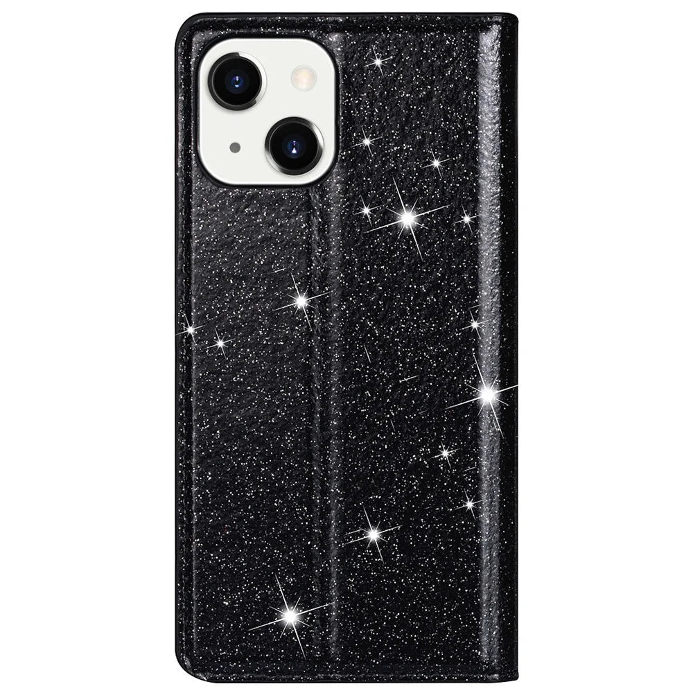 For iPhone 14 6.1 inch Glitter Sequins Stand Card Holder PU Leather Shockproof Protective Phone Case Cover - Black - 7