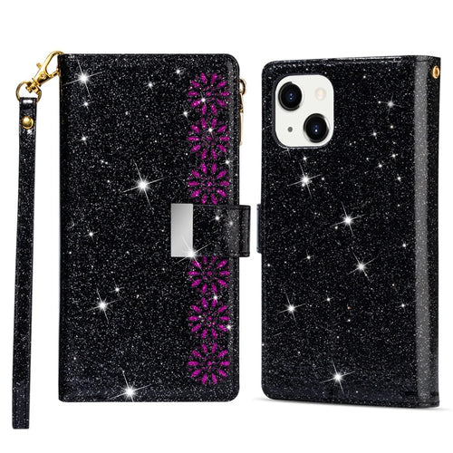For iPhone 14 6.1 inch Anti-scratch Flip Leather Case, Laser Carving Glittery Starry Style Zipper Wallet Stand with Strap - Black - 1