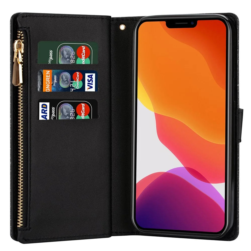 For iPhone 14 6.1 inch Anti-scratch Flip Leather Case, Laser Carving Glittery Starry Style Zipper Wallet Stand with Strap - Black - 2