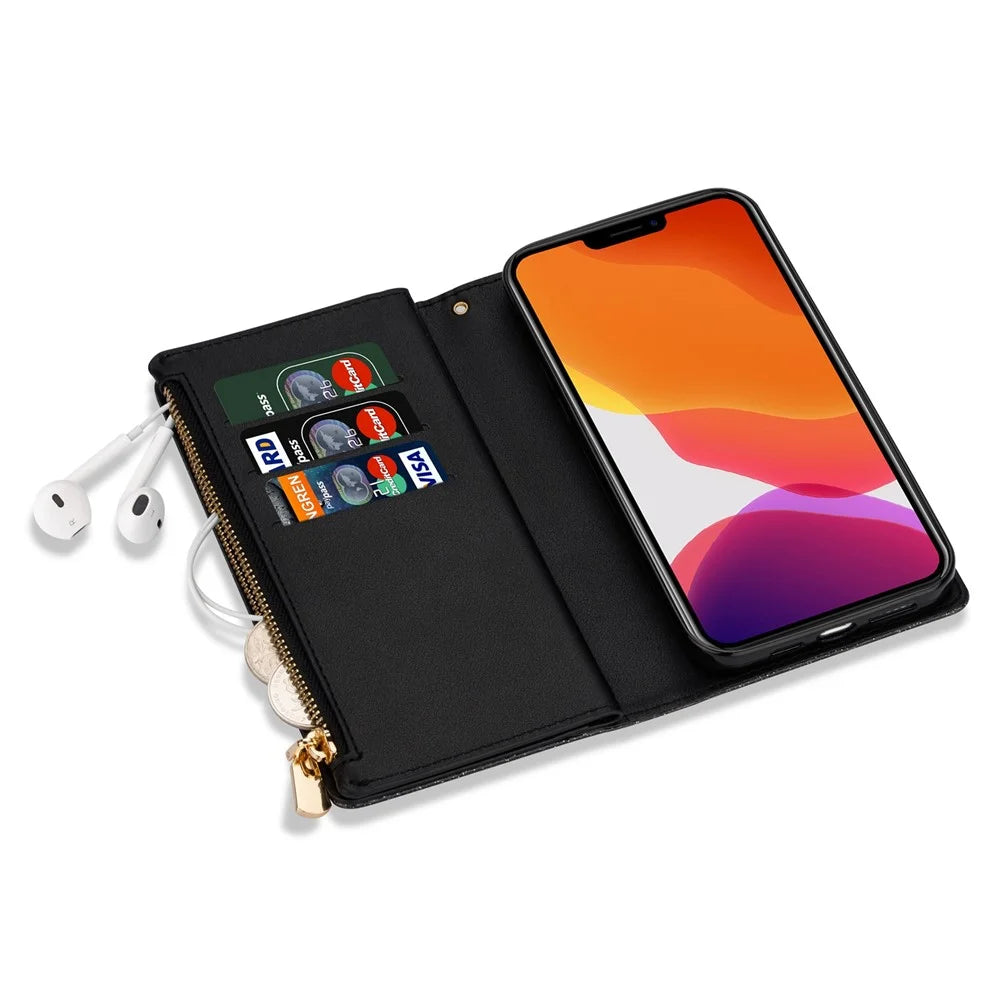 For iPhone 14 6.1 inch Anti-scratch Flip Leather Case, Laser Carving Glittery Starry Style Zipper Wallet Stand with Strap - Black - 4