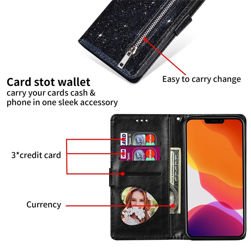For iPhone 14 6.1 inch Zipper Pocket Glittery PU Leather Case Wallet Stand Magnetic Clasp Anti-fall Phone Cover - Black - 4