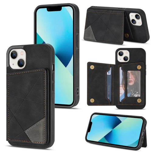 For iPhone 14 6.1 inch Line Splicing Imprinted Phone Case Card Holder Kickstand Anti-scratch PU Leather Phone Cover - Black - 1