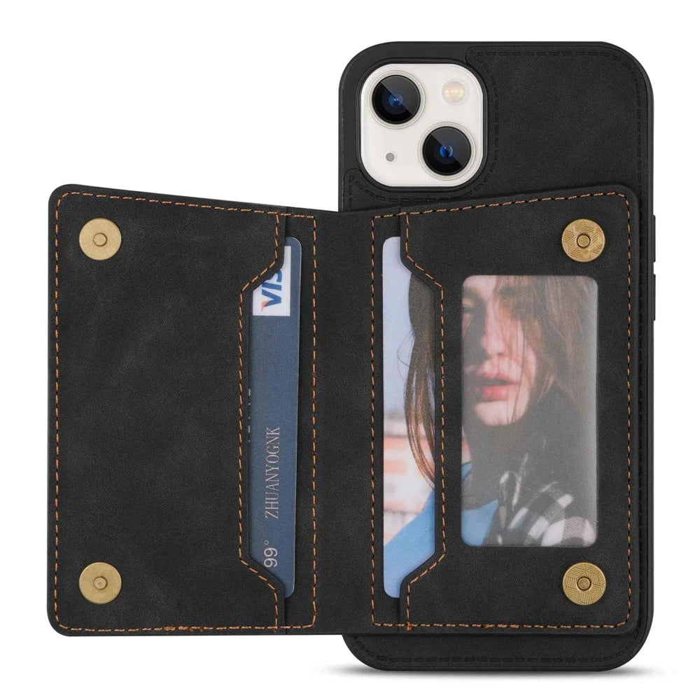 For iPhone 14 6.1 inch Line Splicing Imprinted Phone Case Card Holder Kickstand Anti-scratch PU Leather Phone Cover - Black - 2