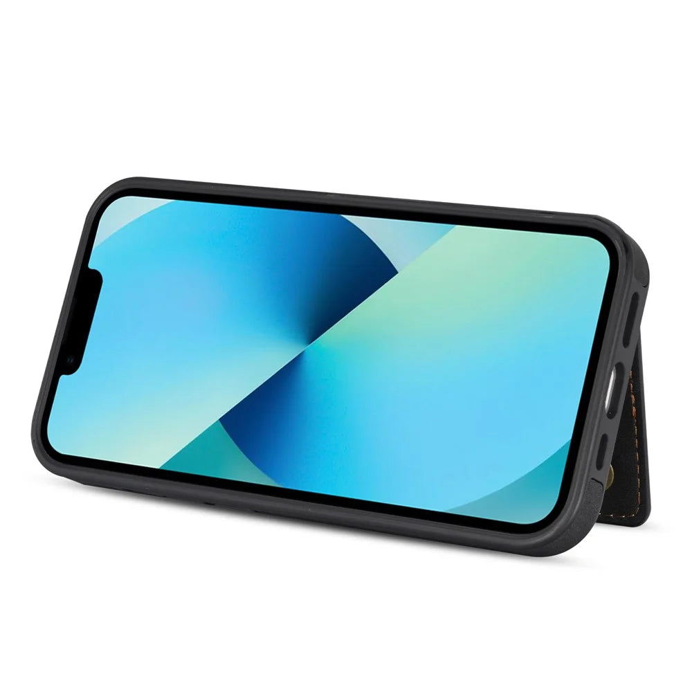 For iPhone 14 6.1 inch Line Splicing Imprinted Phone Case Card Holder Kickstand Anti-scratch PU Leather Phone Cover - Black - 3